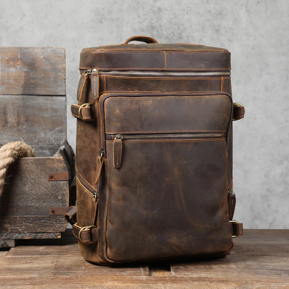 Vintage Echtleder-Rucksack, Laptop-Tasche, Crazy-Horse-Leder-Schultasche, Outdoor-Reise-Weekender-Umhängetasche – Detail 6