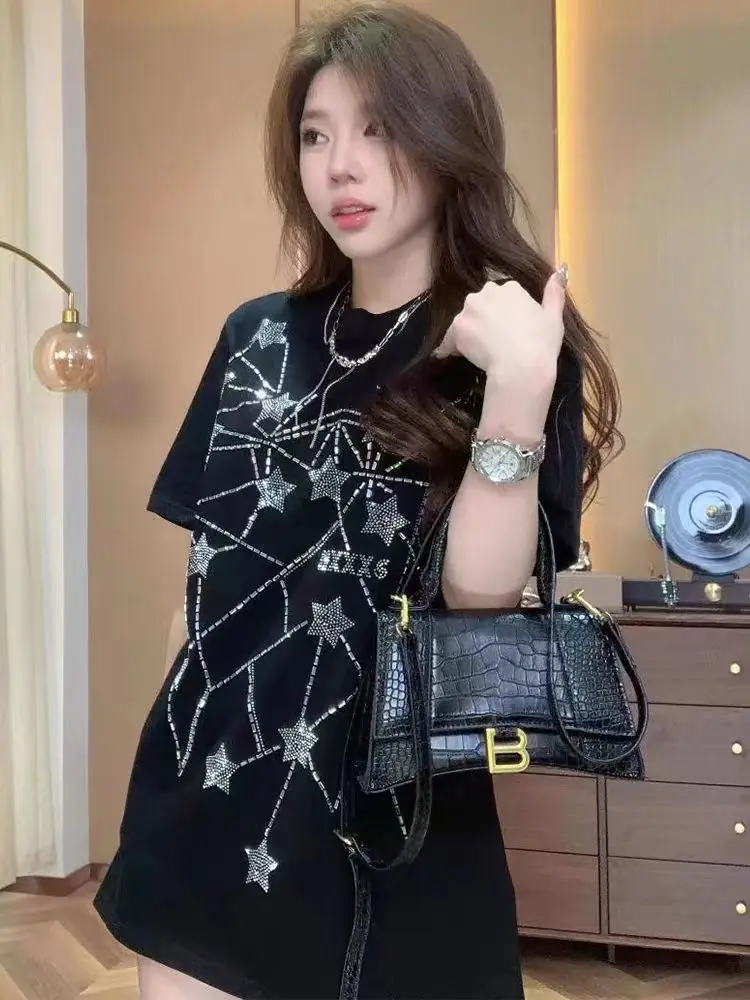 Sparkly Rhinestone Shooting Star Oversized Black T-Shirt Y2K Glitter Constellation Graphic Tee Night Out Party Top Sweet Elegant