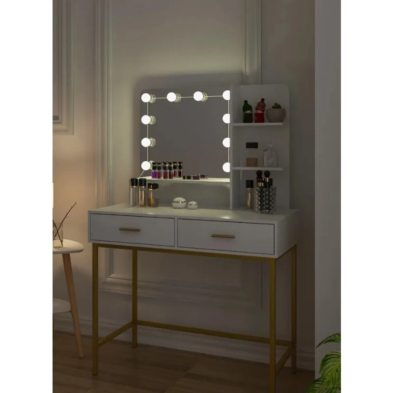 Vanity Set with 10 LED Bulbs,  3 Storage Shelves 2 Drawers, Dressing Table，Interior Furniture, for Bedroom