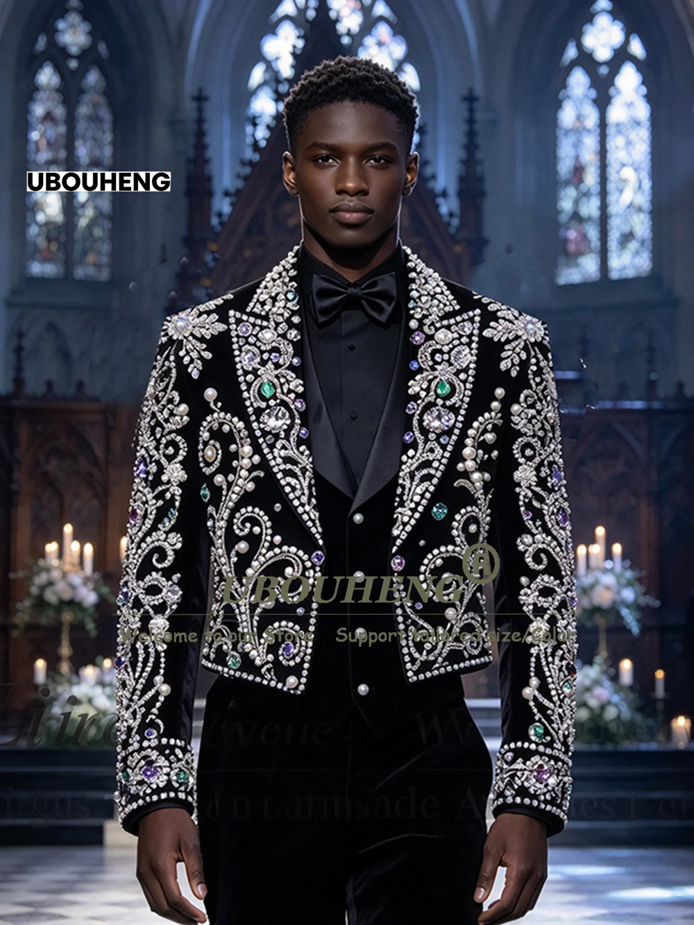 Luxury Men Suit Set For Wedding Beaded Stones Velvet Groom Prom Blazer Customized 3pcs Gothic Man Banquet Party Tuxedos Attires