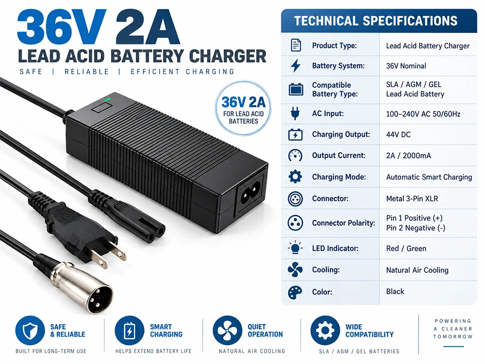 36V 2A Battery Charger for Razor MX500, MX650, GT GT750, IZIP I600, I1000, Mongoose M750, X-Treme X-600, Schwinn S600 ST1000