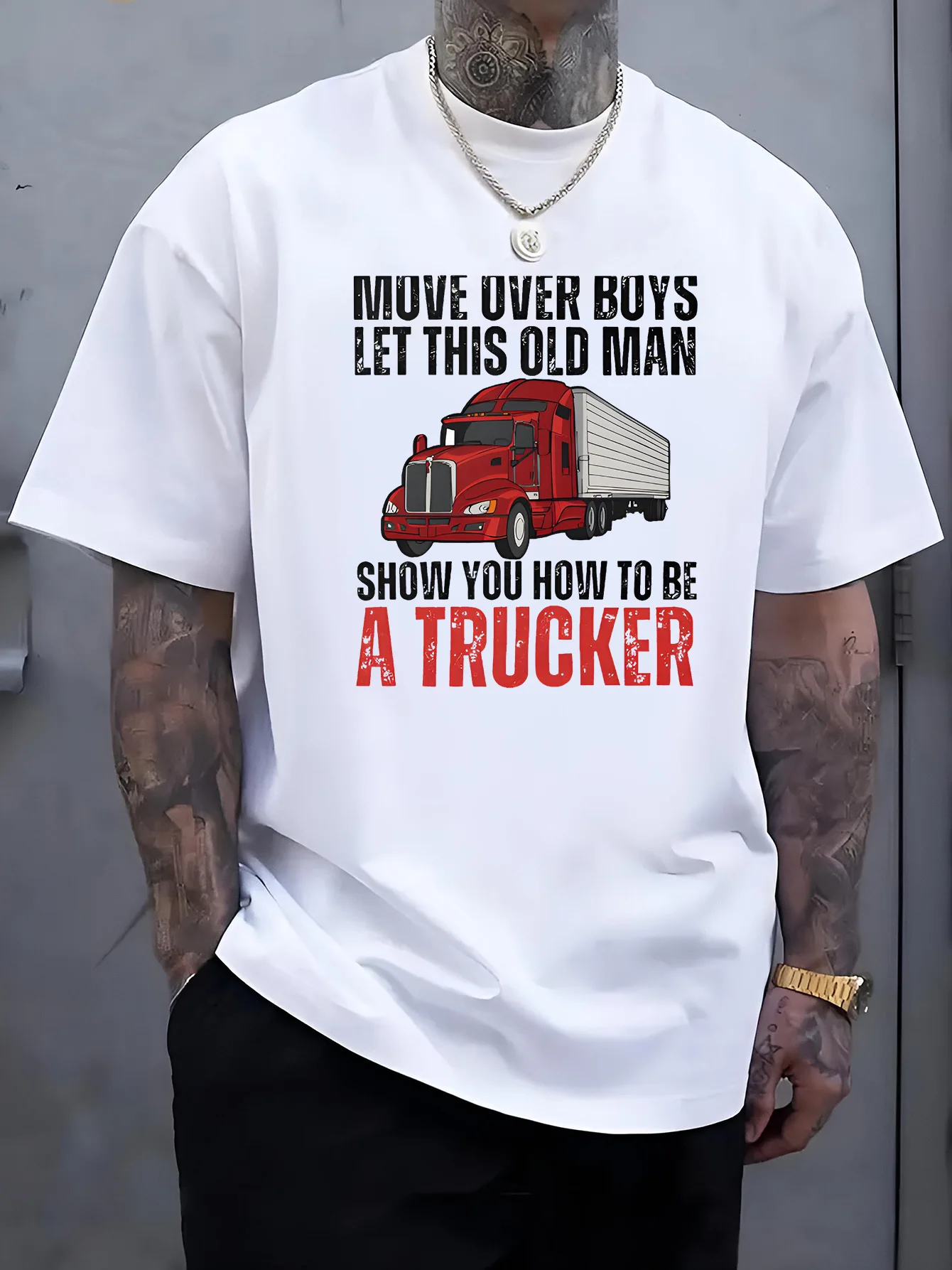 Men Black Crew Neck Tee Red Semi Truck Move Over Boys Let This Old Man Show You How To Be A Trucker Funny Driver Cotton Tops
