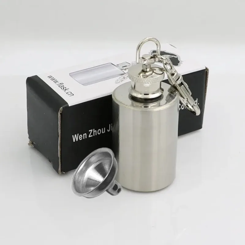 

1oz Stainless Steel Portable Flagon Mini Cylindrical Hip Flask Whisky Wines Container with Keychain Funnel