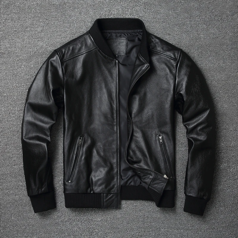 

Black Cow Genuine Leather Bomber Jacket Men Cowhide Real Leather Jacket Coat Short Slim Business Jacket Leather Clothing