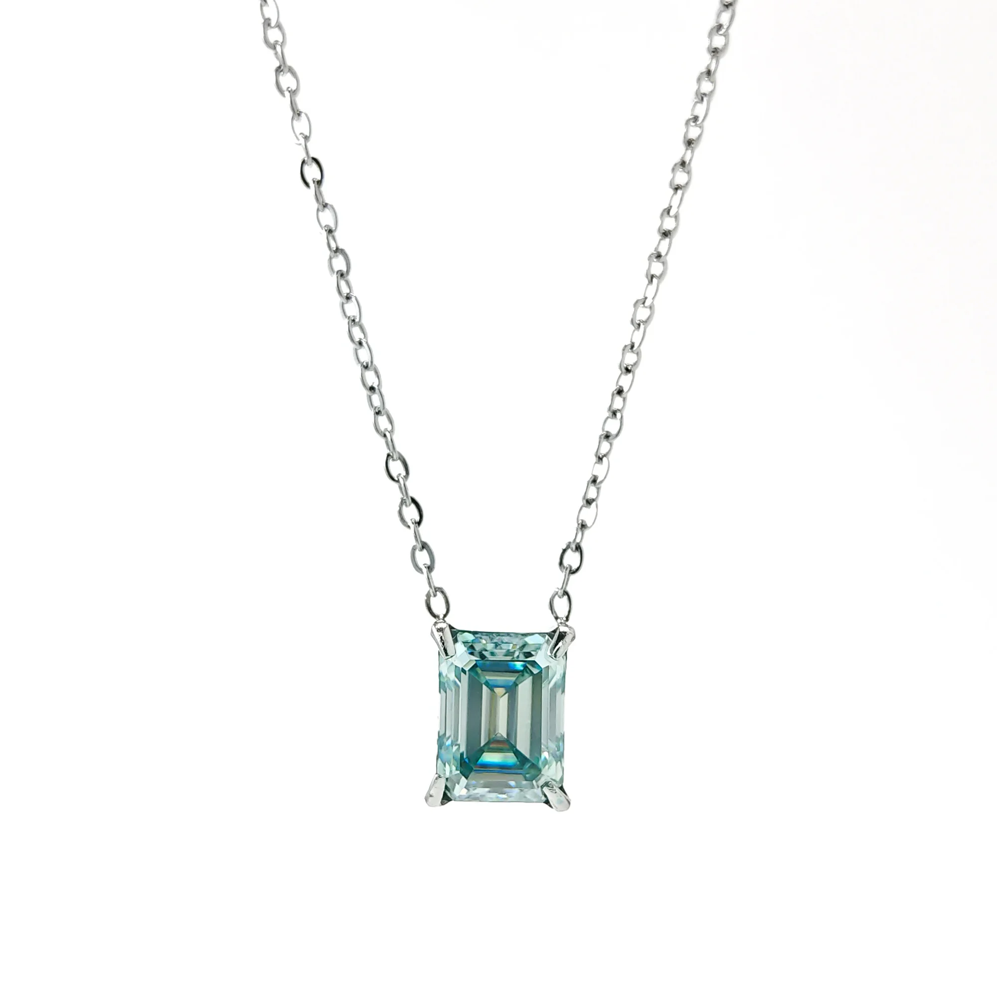 

1pc 2.0 Carat Stainless Steel Blue-Green Rectangular Synthetic Moissanite Necklace, Suitable for Various Outfit.