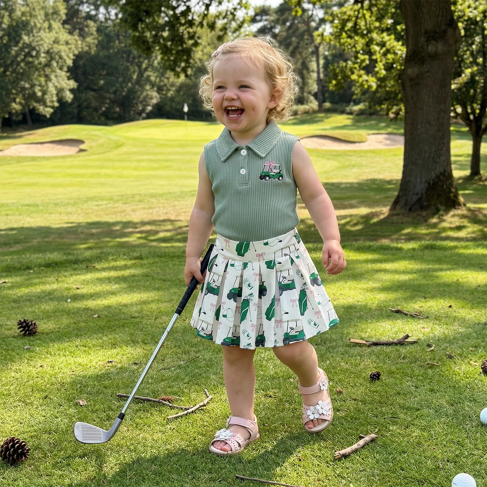 1-4Y Toddler Baby Girl Golf Outfit Ribbed Sleeveless Collared t Shirt Tops A-line Pleated Skirts 2 Piece Summer Girls Set