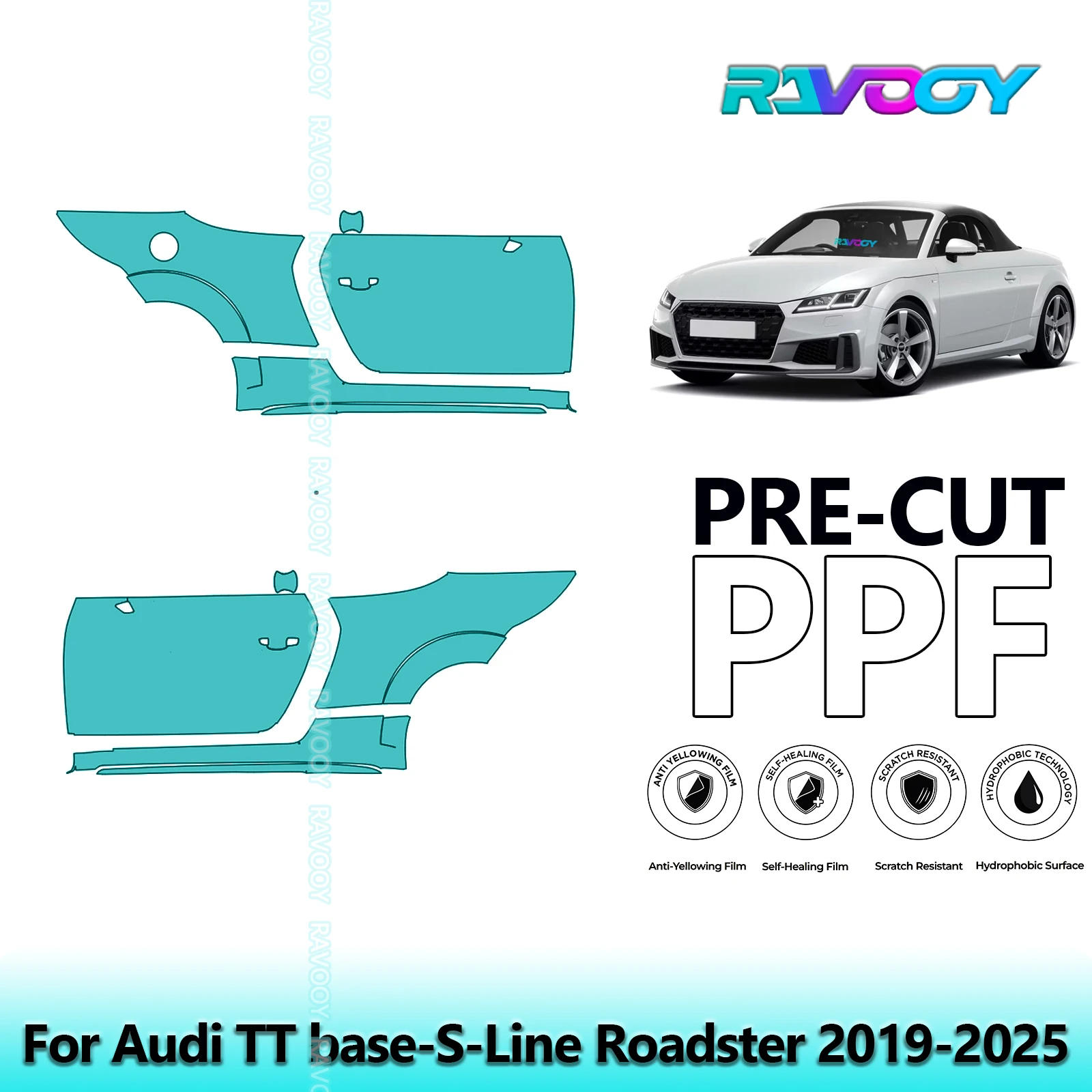 

For Audi TT base-S-Line Roadster 2019-2025 8.5mil Clear Matte Pre-Cut PPF Door & A/B Pillar Kit TPU Paint Protection Film Set