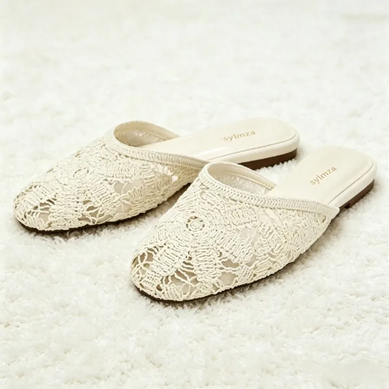 Fashion Hollow Embroidered Floral Design Slippers Women Comfort Breathable Mesh Flat Backless Mules Light Non-Slip House Slipper
