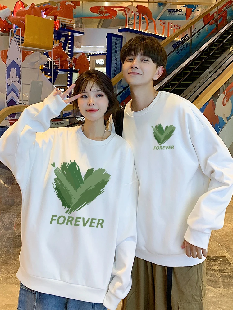 Green Love Heart Print Matching Round Neck Couple Friend Hoodies Sweatshirts For Girlfriend Boyfriend Autumn Winter Custom