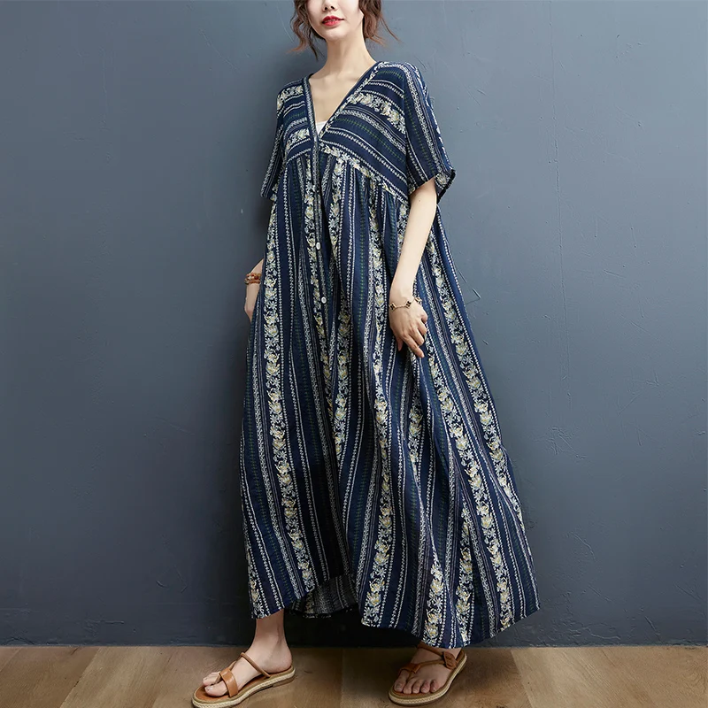 Suitable Fat People Skirt Summer Plus Size Stripe Dresses Women's Retro Kaftan Literary Loose V-neck Maxi Dress Linen Cotton