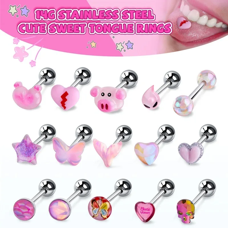 1pc Fishtail Pig Tongue Nail Tongue Ring Stainless Steel Baking Paint Mushroom Tongue Ring Sweet Body Piercing Jewelry