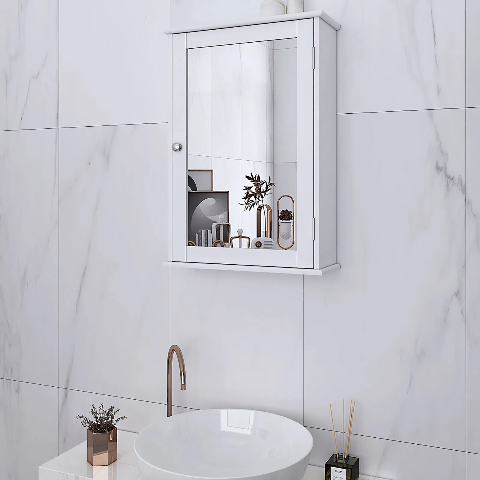 

Wall Mount Cabinet Bathroom Storage Laundry Kitchen Organizer w/Mirrored Door