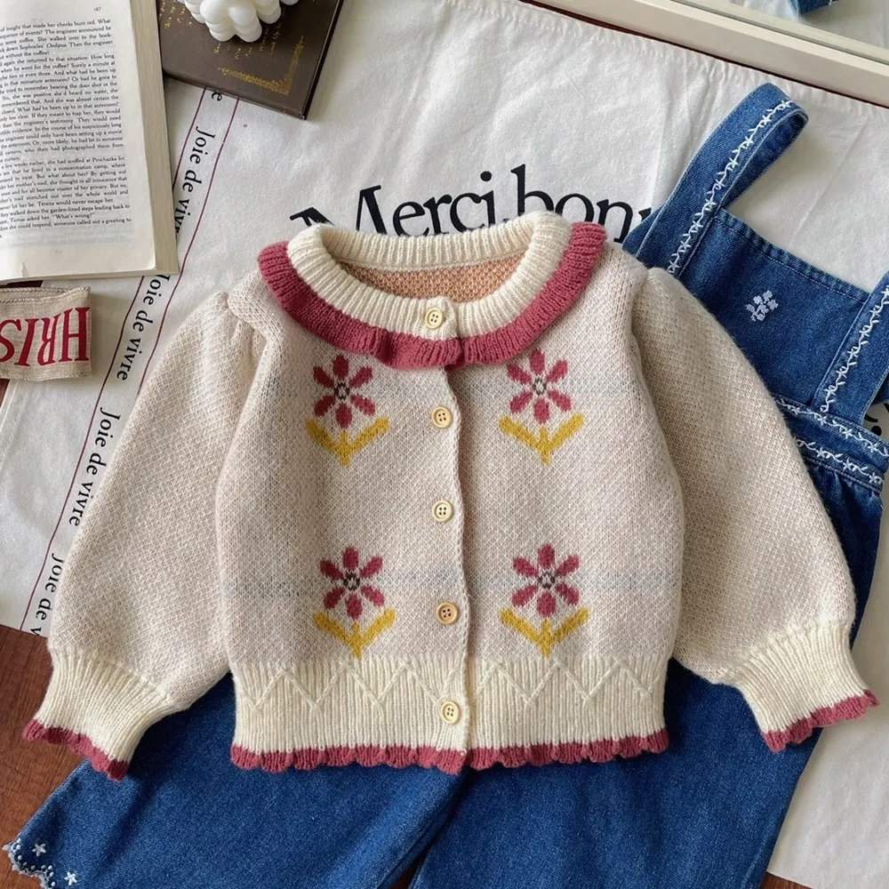 

kids girls clothes baby coat Off white flower embroidered knitted cardigan Girls' French style sweater coat