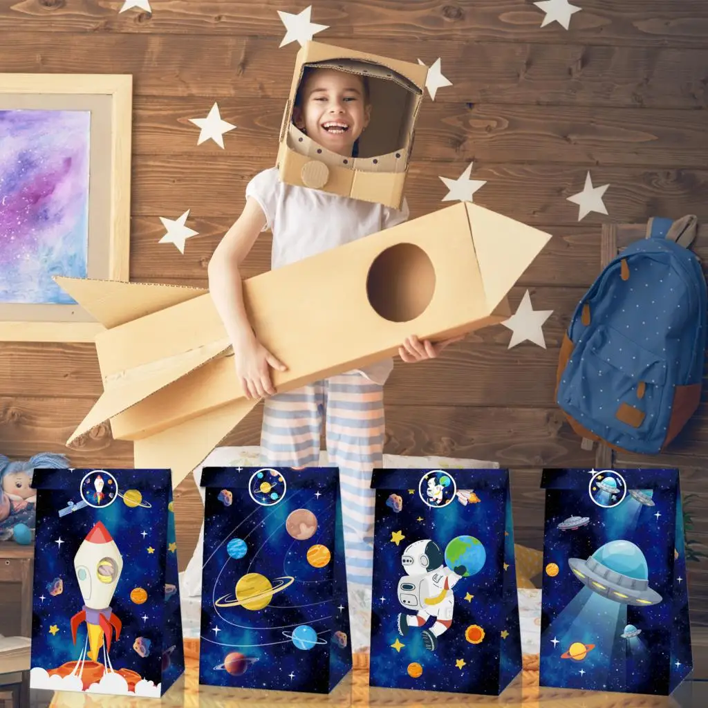 8Pcs Space Gift Bags With Stickers Rocket Planet Blue Candy Bags For Boy Astronaut Birthday Party Decoration Baby Shower Favors