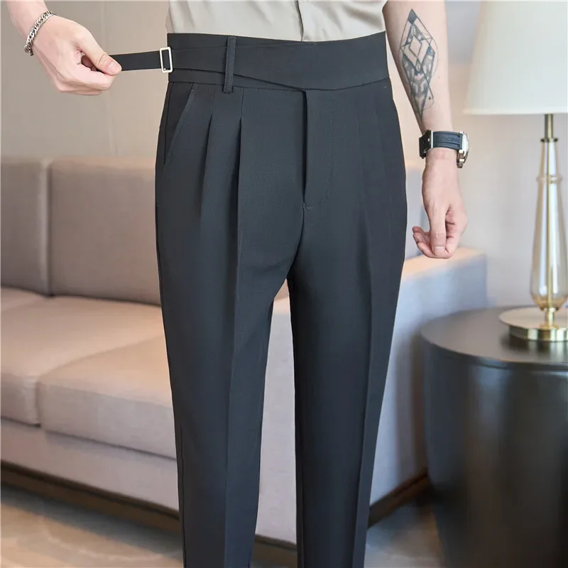 High Waisted Men Dress Pants Trousers 2024 Autumn Solid Casual Slim Suit Pants Business Straight Pantalones Hombre Men Clothing