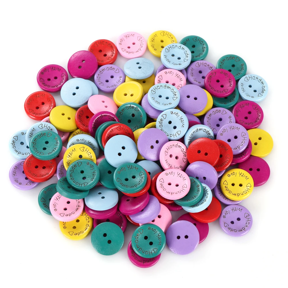 50Pcs/lot Wood Buttons Random Mixing Arts Crafts Round Button Handmade with Love DIY Accessories Gift