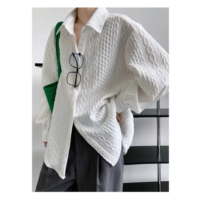 

Spring Autumn Women Thick Casual Shirts Polo Loose Silhouette Solid Color Oversized Single Breasted Knit Shirts Coat