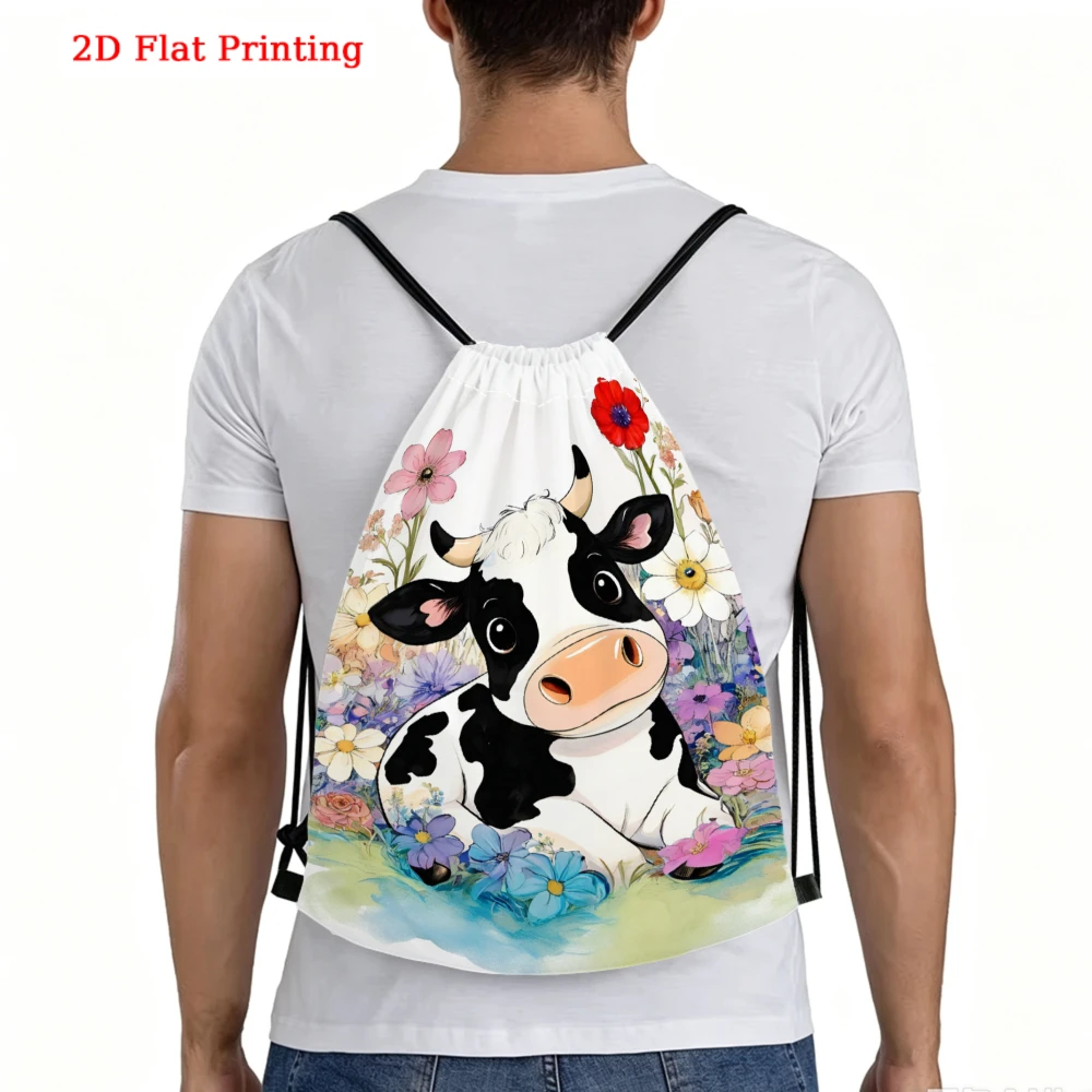Cartoon Drawstring Backpack, 2D Cow And Flowers Pattern, Fitness Sports Outdoor Travel Bag