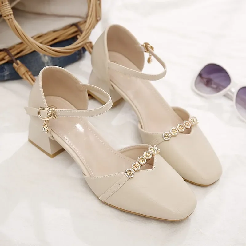 women classic high quality spring & summer buckle strap hollow out square heel shoes lady casual apricot office heels ca87