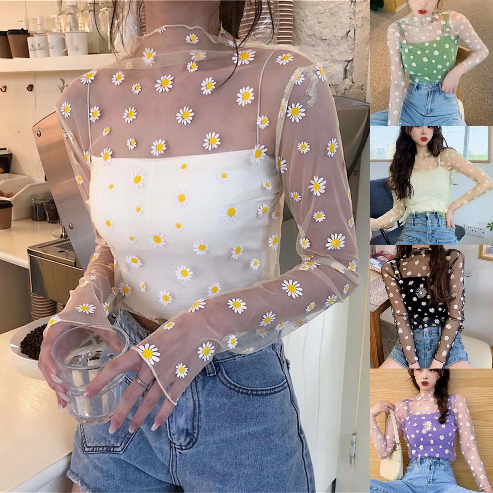 Sexy Women Mesh T-shirts Transparent Lace Blouse Long Sleeve See Through Tops For Women O Neck Sheer Tees Chiffon Crop Top