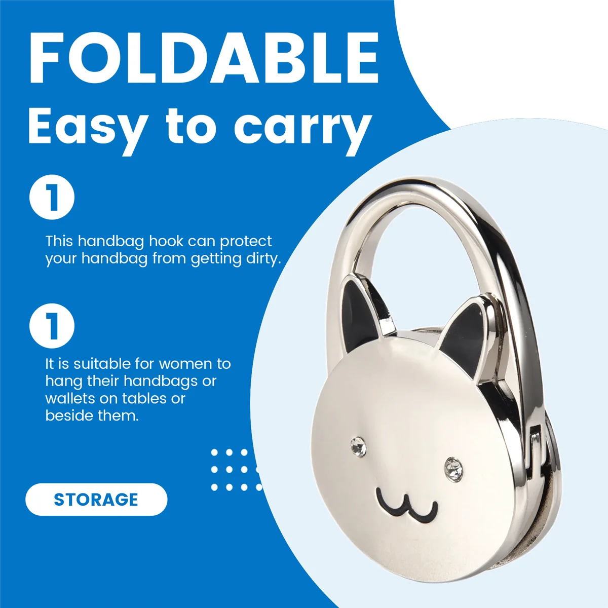 High-end Black Cat Cartoon Foldable Silver Tone Handbag Hook Antislip Rubber Base