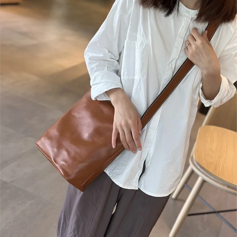 Johnature Simple Genuine Leather Women Shoulder & Crossbody Bags 2024 New Versatile Natural Real Cowhide Solid Color Bags