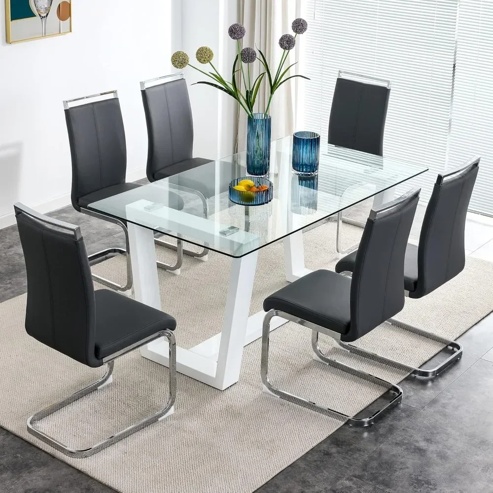 

Dining Table Set ,7 Piece Dining Tables Sets, 6 PU Leather Dinings Chairs, Tables and Chairs Set of 6, Modern Kitchen Table Sets