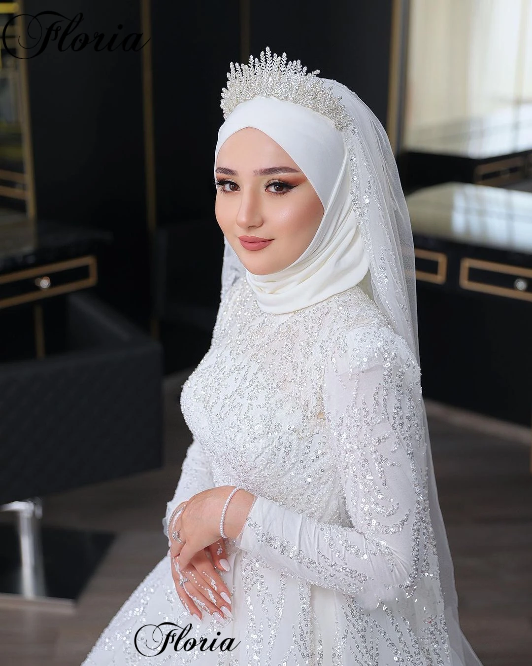 Muslim Sparkly Sequined Wedding Dresses For Women Middle East Long Sleeves Wedding Gowns Chapel Brides Dresses Vestido Blanco
