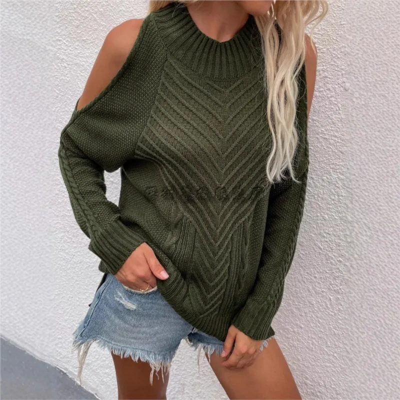 Sweter z odkrytymi ramionami 2025, prosty styl, damski, do pracy, wygodny, dzianinowy pulower z długim rękawem, jednolity kolor.