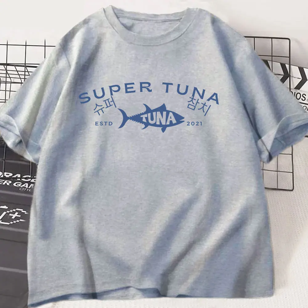 Kpop الكورية جين سوبر سمك التونة تي شيرت ريترو موضة قصيرة الأكمام س الرقبة تي شيرت الرجال النساء القطن عادية تي شيرت المتضخم