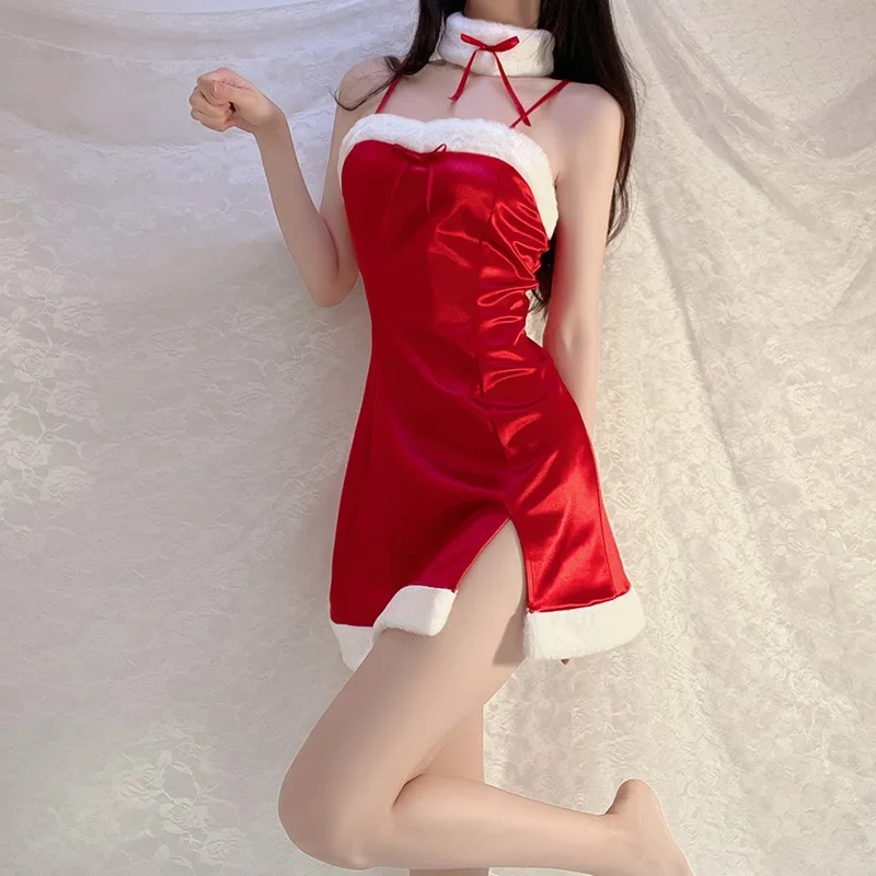 Sexy Frauen Weihnachten Party Fancy Mini Kleid Rot Samt Maid Bunny Uniform Santa Claus Rolle Spielen Cosplay Kostüm Outfits