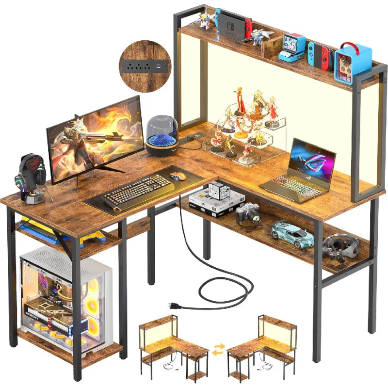 

L Shaped Gaming Desk with LED Strip and Power Outlets, Reversible L-Shaped Computer Desk with Storage Shelves, Corner Desk h