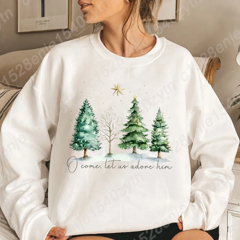 Christmas Sweatshirts, O Come Let Us Adore Him Print Sweatshirt, Christian Holiday Sweatshirts for Women, Women Xmas Pullovers