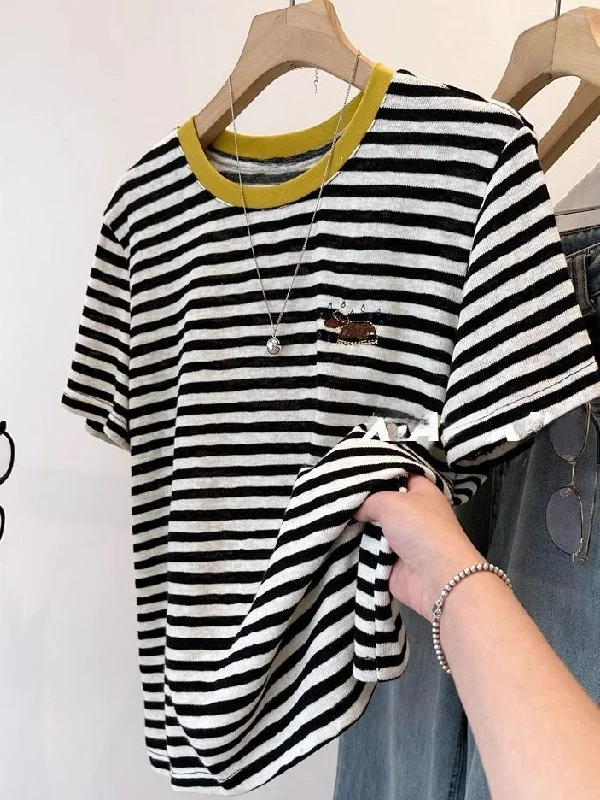 

plus Size Women's T-Shirt Summer Casual round Neck Short Sleeve Embroidered Striped Doggies Base Shirt Loose Fit Breathable P...