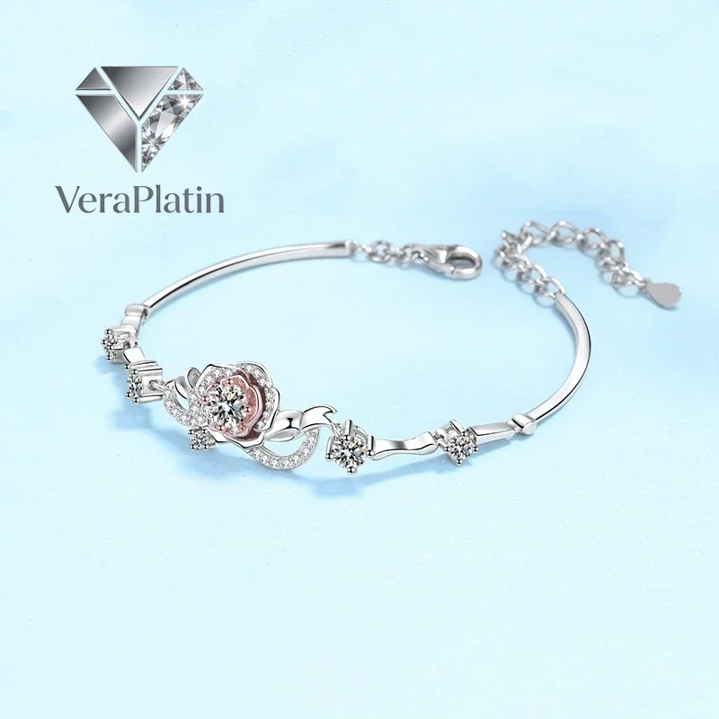

VeraPlatin Girl Friend Birthday Gift 18K White Gold Daughter Flower Bracelets 1.4CT Moissanite Diamond PT950 Platinum Women Vale