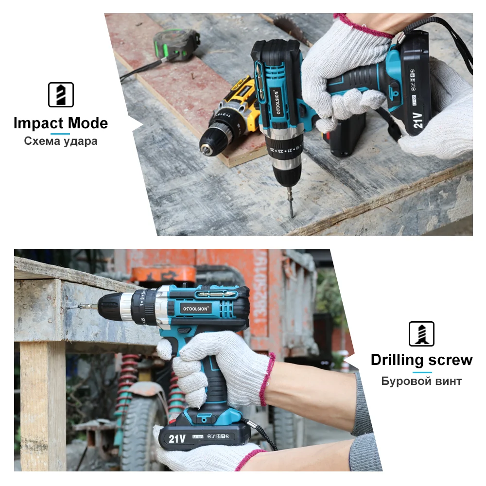 OTOOLSION 21V Impact Cordless Drill 25+3 Torque Cordless Electric Screwdriver Lithium Ion Battery Woodworking Special Power Tool