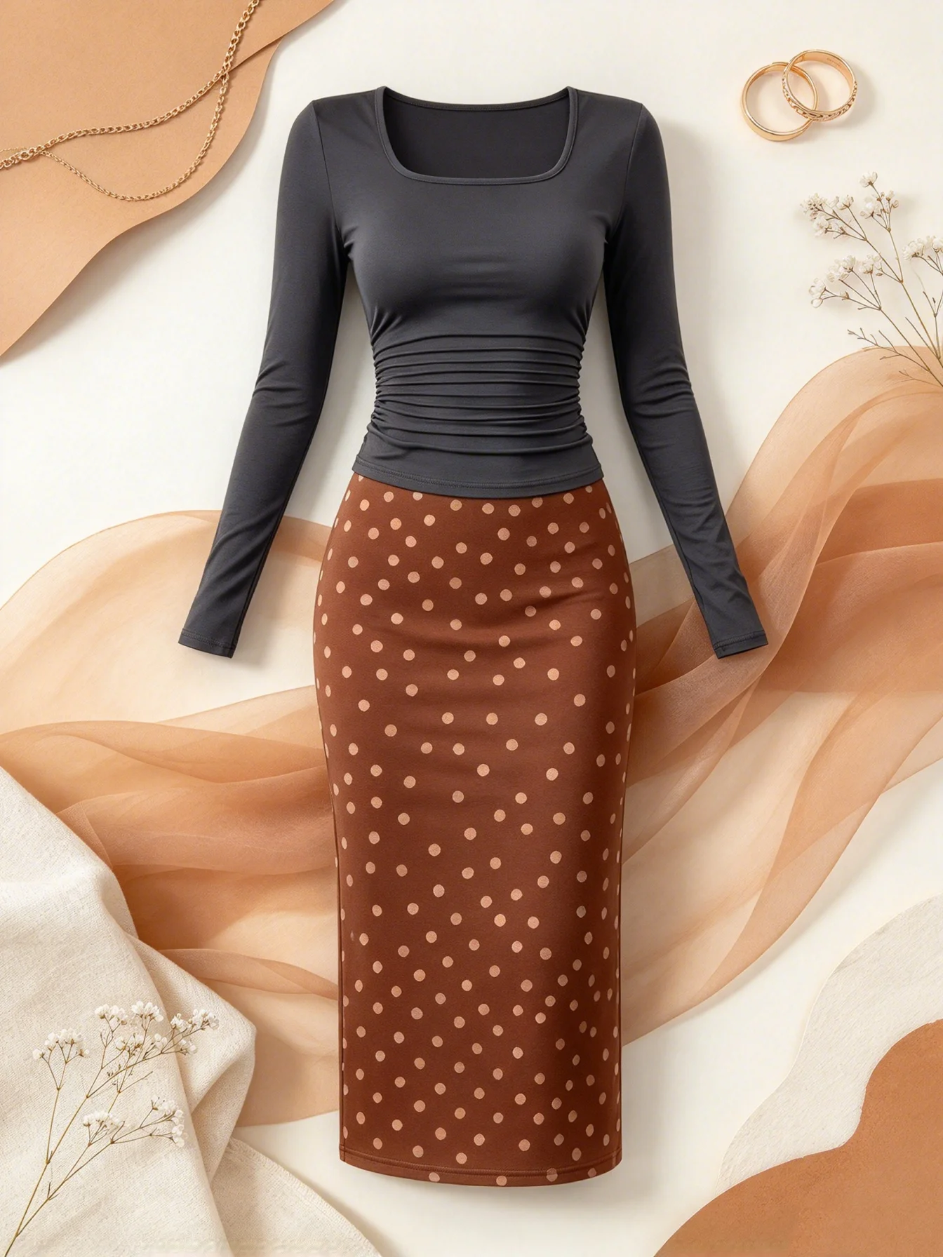 Women's Casual Elegant Solid Color Square Neck Long Sleeve T-Shirt Elastic Waist Skirt Set Polka Dot