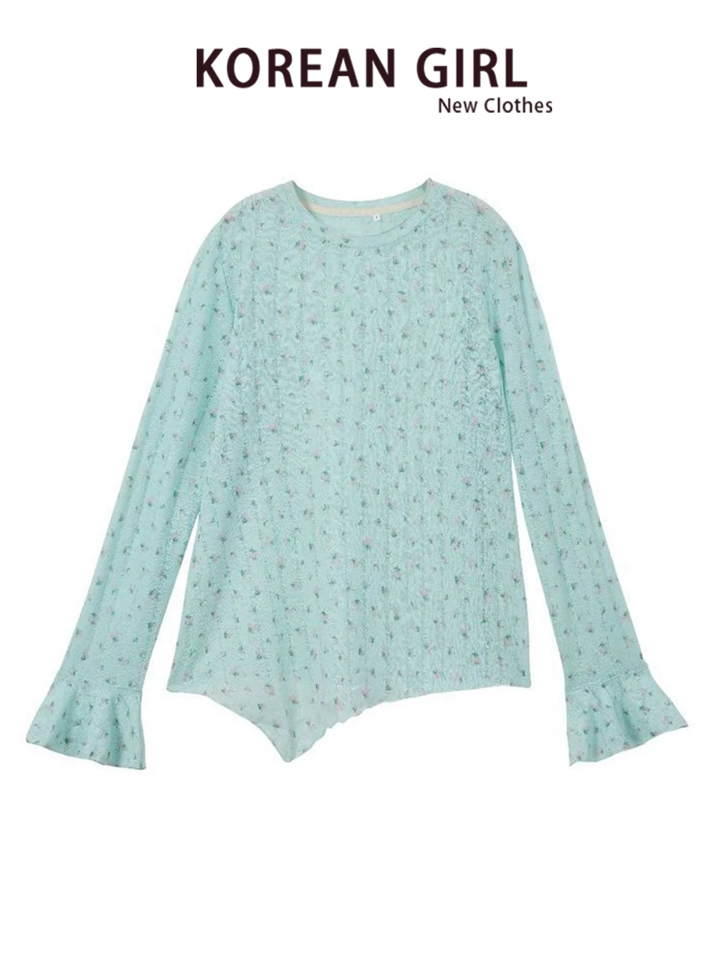 Green Floral Long Sleeve T-Shirt Women's Thin Design Sense Flared Sleeve Cover up Forest System Top Korean Style Freshness