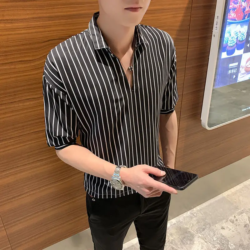 Summer Men's Striped Mid Sleeve Shirt Loose Seven Quarter Sleeve T-shirt Harajuku Fashion Casual Half Sleeve Pullover Shirt