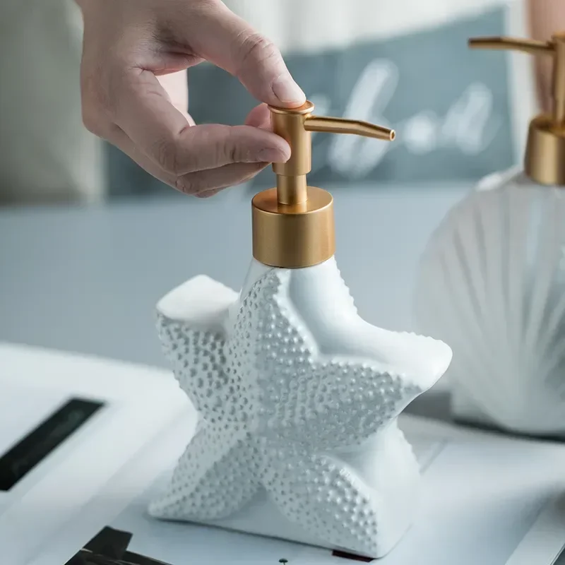 Starfish Shell Shape Ceramic Liquid Soap Dispenser Bathroom Sub-bottling Shower Gel Bottle Hand Sanitizer Container Bathroom
