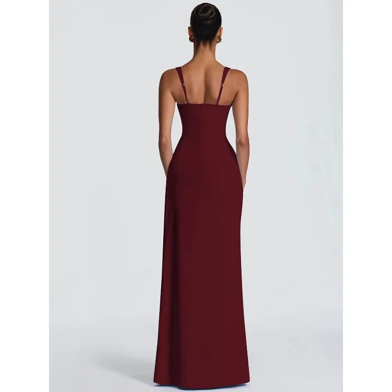 Fanan Hugcitar Women'S Fashion Solid Square Collar Backless Slit Bodycon Maxi Dress Summer Women Clothes Birthday Party Vacation