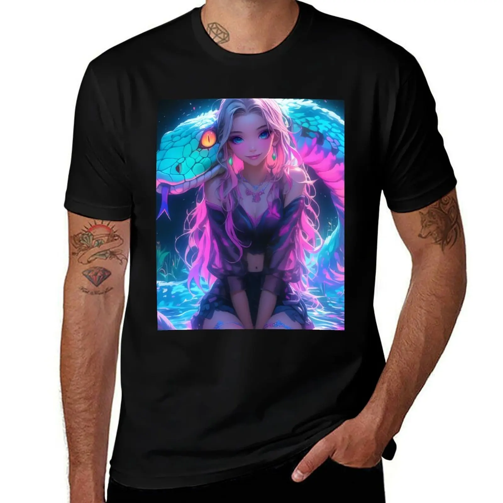 

Anime Neon Haired Girl Serpent Mystical Glowing Water Fantasy T-Shirt custom t shirt T-shirts oversize vintage mens clothing