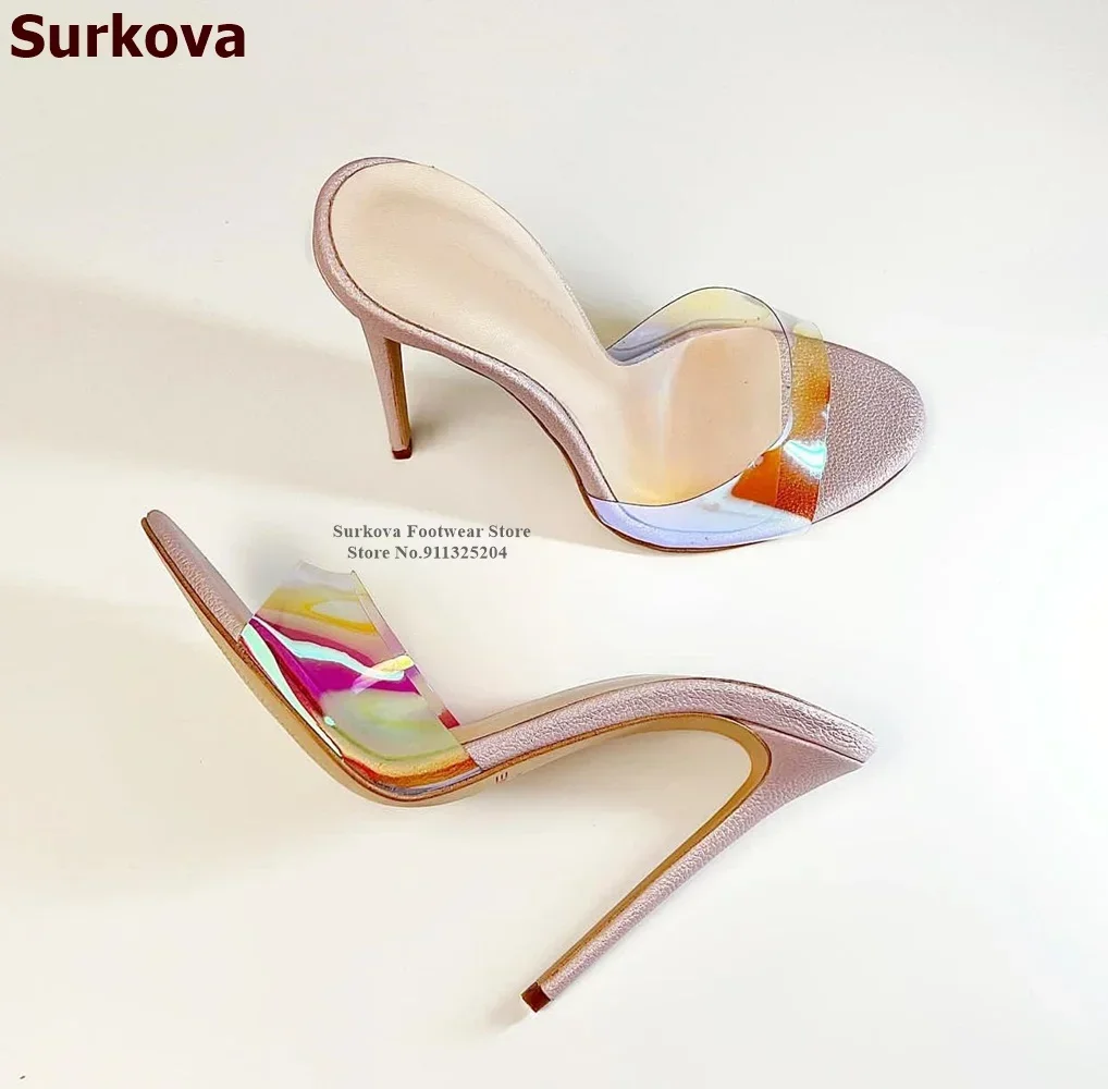 Surkova Neon Żółty Zielony PVC Kapcie na wysokim obcasie Cienki wysoki obcas Okrągłe palce Przezroczyste letnie sandały Leopard Satin Slip-on Shoes