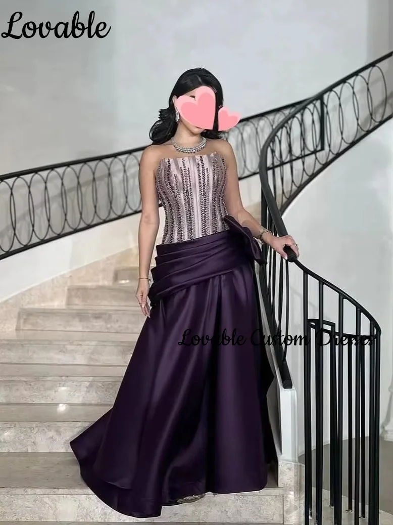Hochzeits-Partykleid, individuell anpassbar, A-Linie, trägerlos, Traube, bodenlang, Perlenverzierung, luxuriöse Abendkleider, ärmellose Kleider mit Reißverschluss F