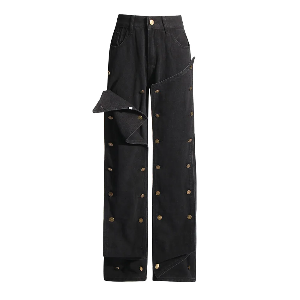VGH Solid Patchwork Button Denim Trousers For Women High Waist Spliced Pocket Minimalist Straight Pants Female Fashion Style New