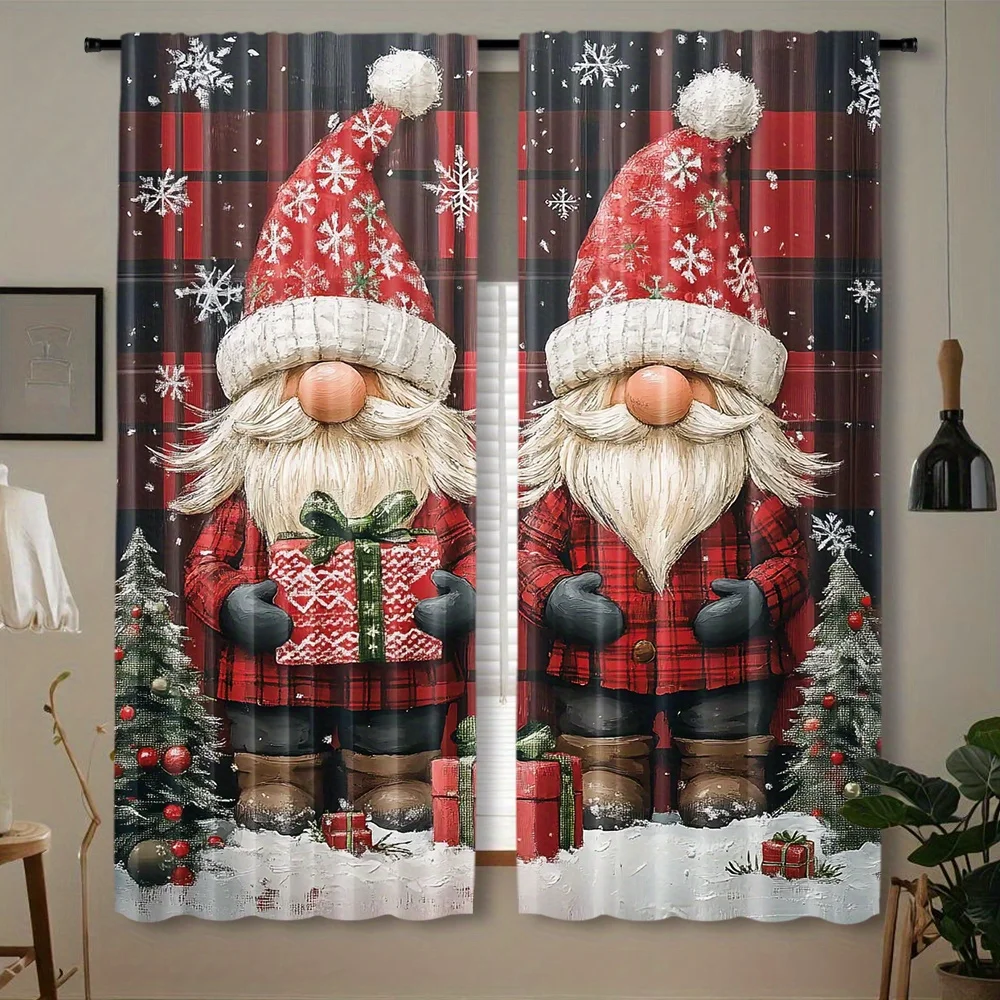 Christmas Gnome Curtains, Red Plaid Santa Dwarf Window Drapes, Holiday Snowflake Decor, Blackout Fabric for Living Room Bedroom