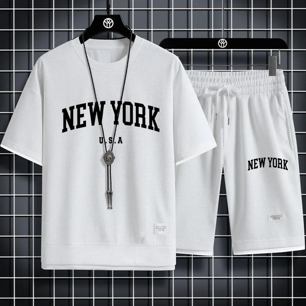 

NEW YORK Letter U.S.A Shorts Set Gym Outfit Student Short Sleeve T-shirt 2 Piece Set Tracksuits Men Casual Men Clothing Joggers