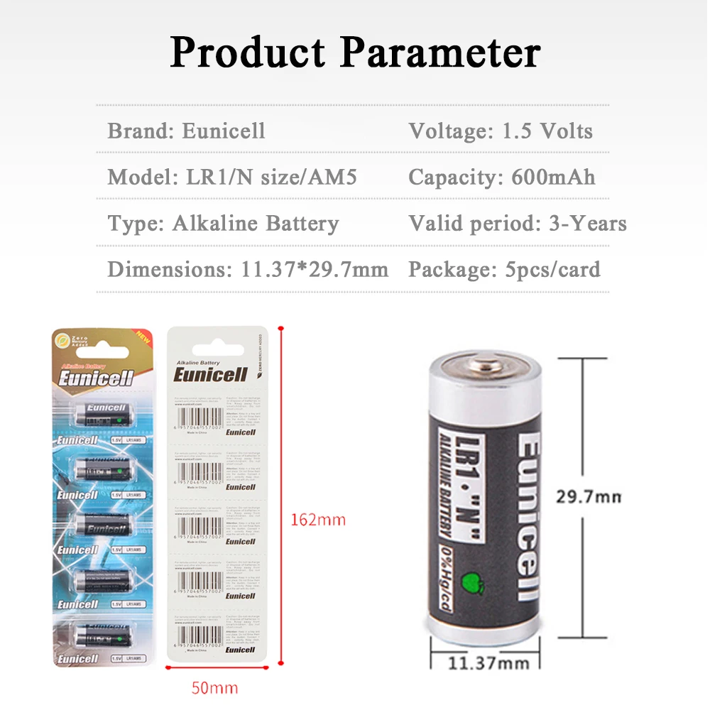 Eunicell LR1 N Size Alkaline Batteries for Toys Speaker Players Remote Control, 600mAh LR 1 AM5 E90 MN9100 910A 1.5V Dry Battery