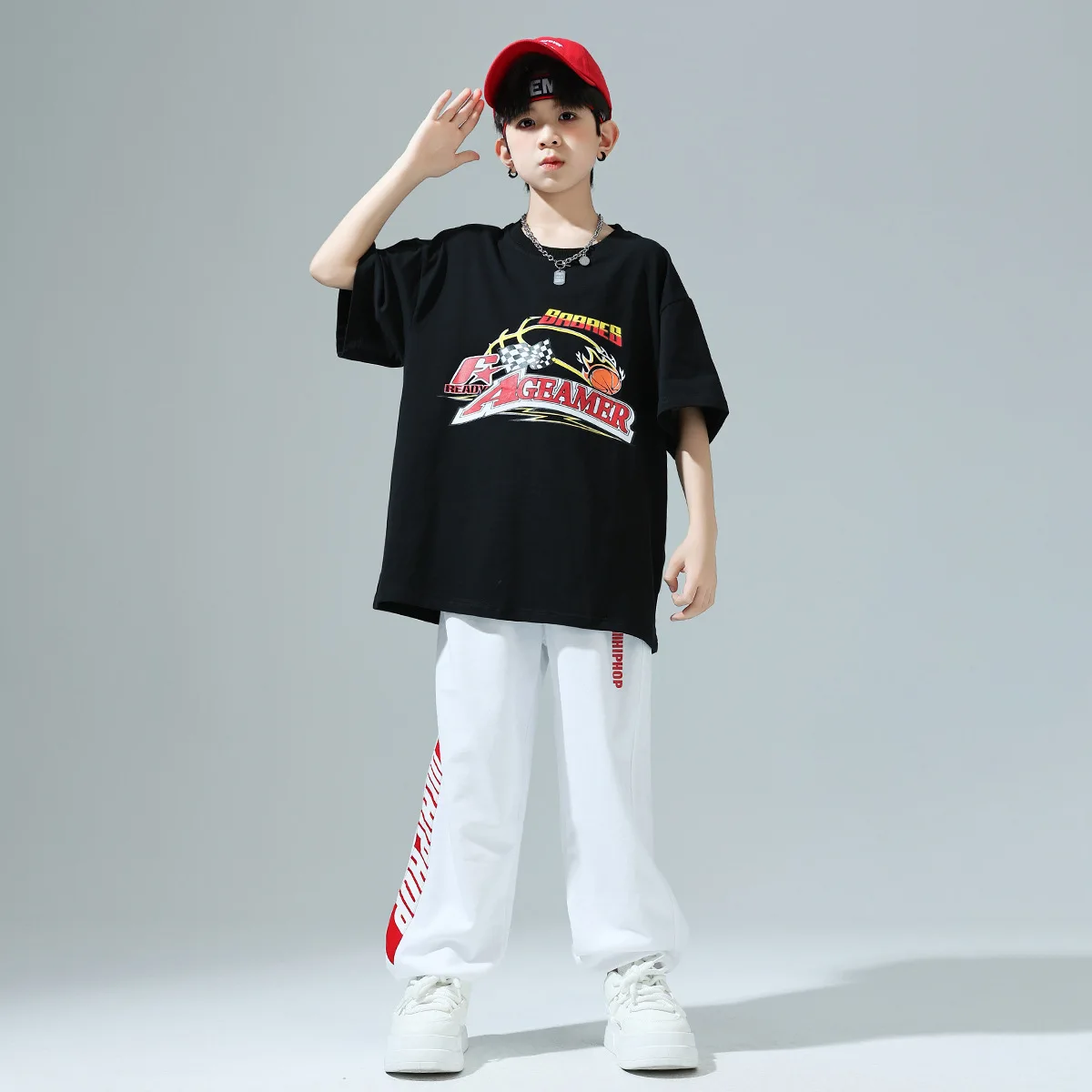 

Детская одежда в стиле хип-хоп, черная футболка с графическим рисунком, футболка, топ, белые повседневные спортивные штаны для бега для девочек и мальчиков, одежда для джазовых танцев, костюмная одежда