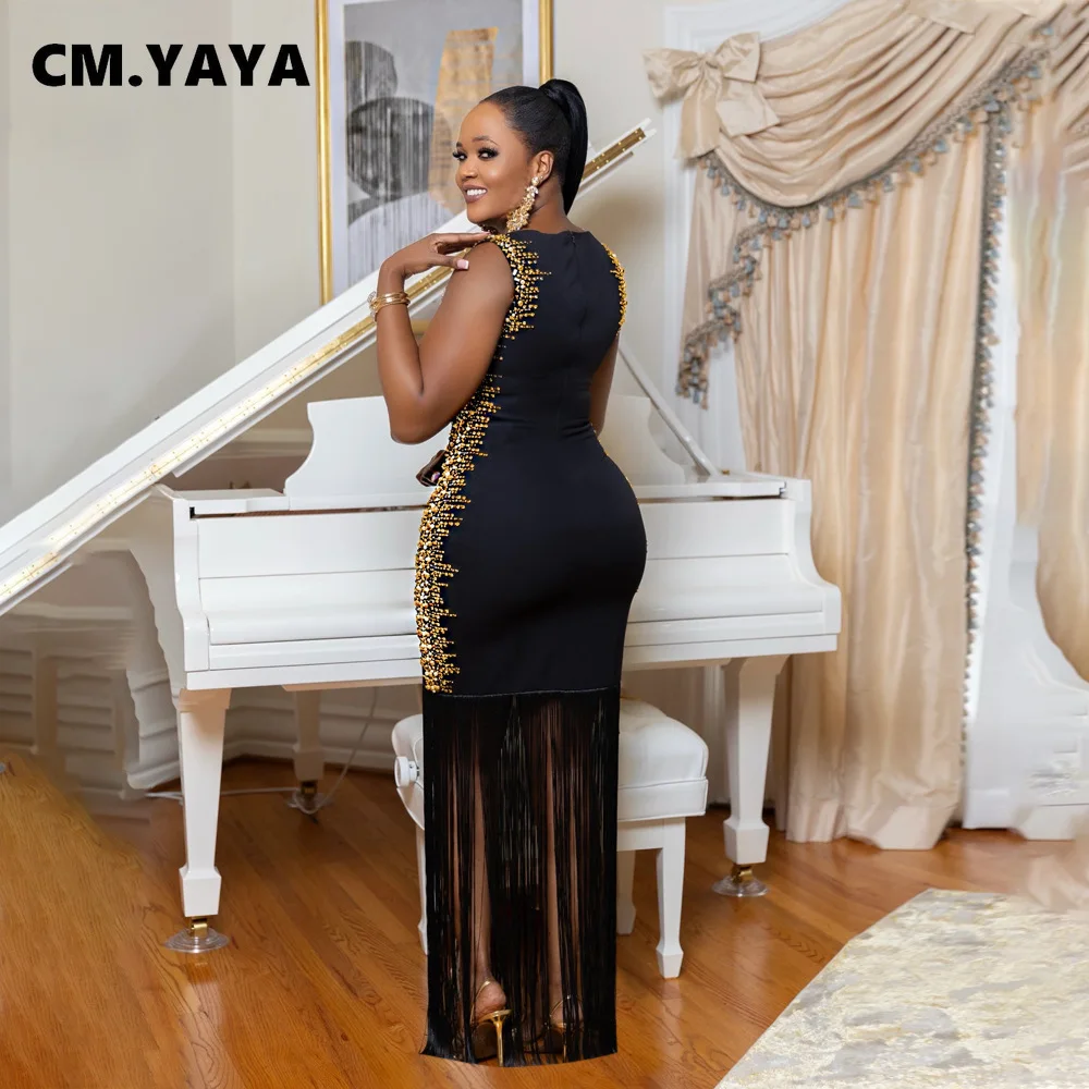 CM.YAYA Fall Diamonds Hot Rhinestones Tassel O-neck Women Sleeveless Bodycon Long Dress Birthday Party Evening Prom Maxi Dresses